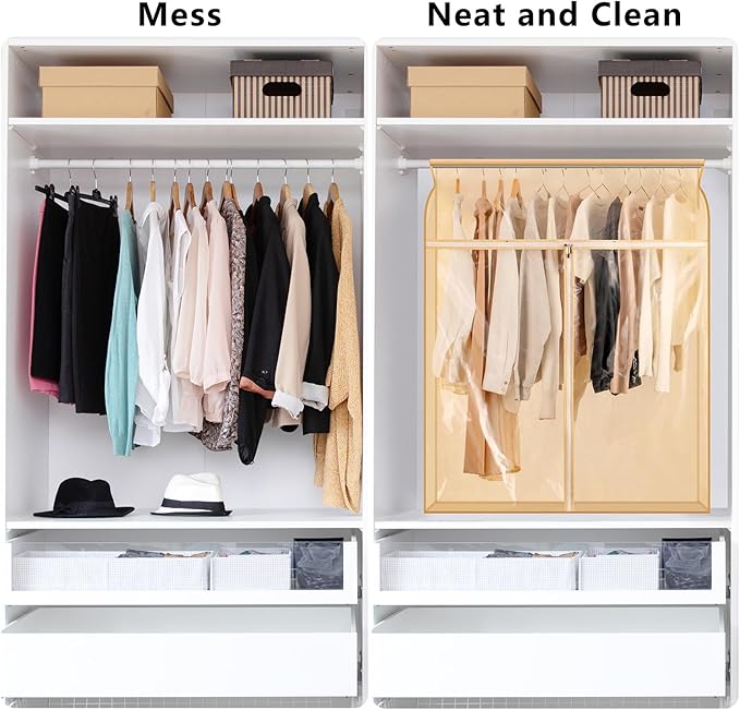 Garment Bags for Hanging Clothes Storage Closet Garment Rack Cover Dust Proof Coat Protector for Suits Jackets with Large Clear Window (Beige)