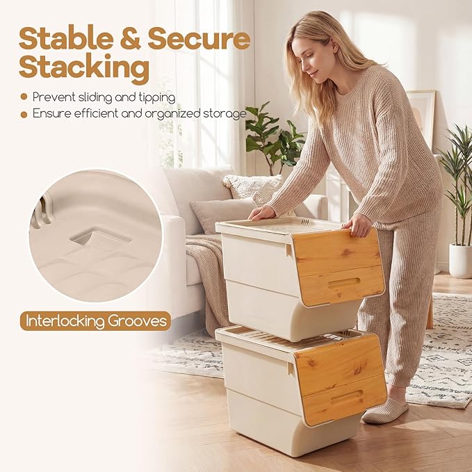 Giantex Plastic Stackable Storage Bins with Lids & Wheels, 6 Pack Open Front Stacking Bins, Organizer Bins for Pantry, Kitchen, Laundry, Closet, Playroom, Bedroom Organization (35 QT)