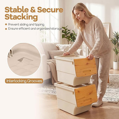 Giantex Plastic Stackable Storage Bins with Lids & Wheels, 6 Pack Open Front Stacking Bins, Organizer Bins for Pantry, Kitchen, Laundry, Closet, Playroom, Bedroom Organization (35 QT)