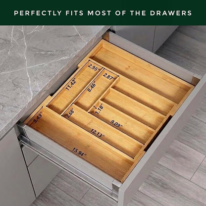 Bamboo Drawer Organizer, Expandable 8-Slot Silverware & Utensil Tray for Kitchen Drawers, Fits 13–19.5 Inch Drawers, Deep Compartments, Durable & Eco-Friendly Natural Bamboo