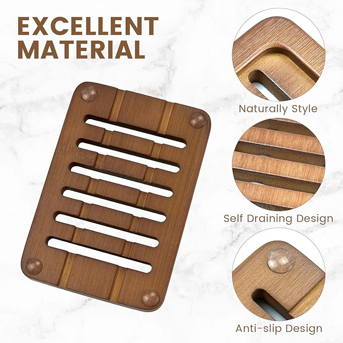 2PCS Self Draining Soap Holders, Rustic Slotted Bamboo Dish Tray, Easy Cleaning Wooden Soap Dish for Shower, Bathroom, Kitchen Sponges, Bath Tub, Packed in A Case (Walnut Style)