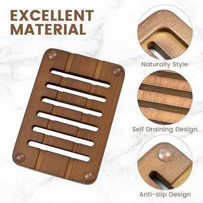 2PCS Self Draining Soap Holders, Rustic Slotted Bamboo Dish Tray, Easy Cleaning Wooden Soap Dish for Shower, Bathroom, Kitchen Sponges, Bath Tub, Packed in A Case (Walnut Style)