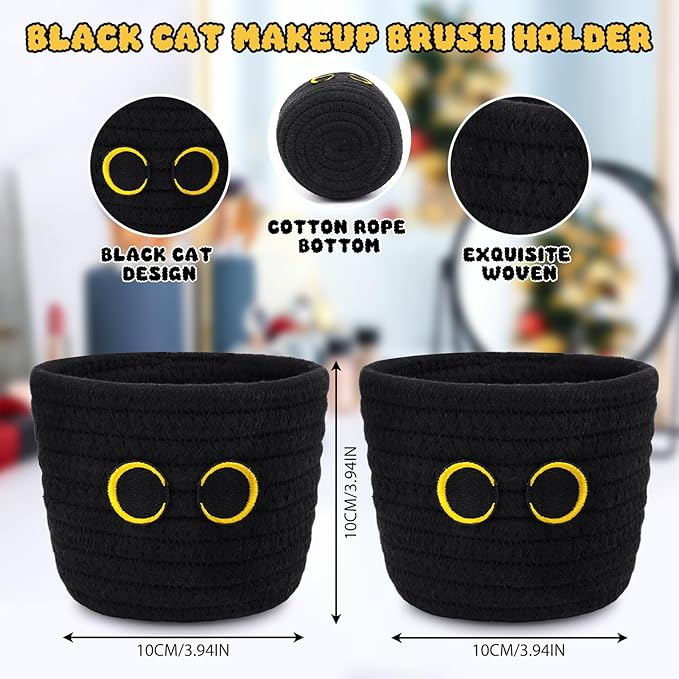 2 Pack Black Cat Makeup Brush Holder- Cute Cat Oval Mini Woven Cotton Rope Basket, Small Comb Brush Storage Decorative Empty Basket for Pencil Cosmetics Organizer Wedding Lover Gift,4 x 4 IN