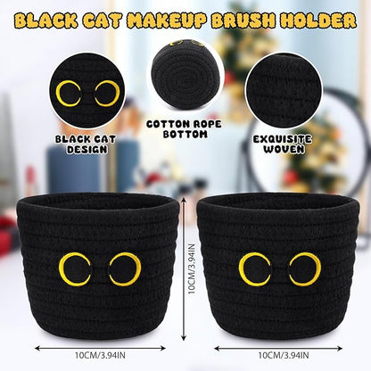 2 Pack Black Cat Makeup Brush Holder- Cute Cat Oval Mini Woven Cotton Rope Basket, Small Comb Brush Storage Decorative Empty Basket for Pencil Cosmetics Organizer Wedding Lover Gift,4 x 4 IN