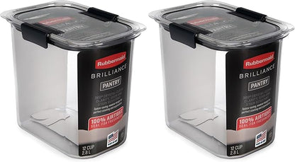 Rubbermaid Brilliance 12-Cup Airtight Food Storage Container,Perfect for Pantry Staples,Clear/Grey,(Pack of 2)