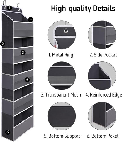 TYMENSH Gray Over Door Organizer with 5 Large Clear Pockets and 6 Side Mesh Pockets, Anti-Tilt Hanging Door Storage for Closet, Bathroom, Bedroom, Dorm, Nursery, Toys