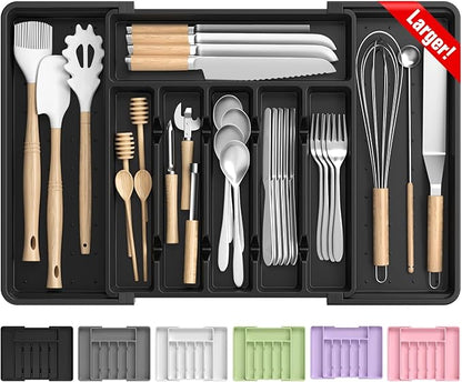 RoomHacks Large Silverware Organizer,Expandable Utensil Drawer Organizer,BPA Free Utensil Holder,Adjustable Silverware Tray Cutlery Drawer Organizer for Kitchen Flatware,Large,Black (6-8 Slots)