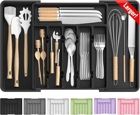 RoomHacks Large Silverware Organizer,Expandable Utensil Drawer Organizer,BPA Free Utensil Holder,Adjustable Silverware Tray Cutlery Drawer Organizer for Kitchen Flatware,Large,Black (6-8 Slots)