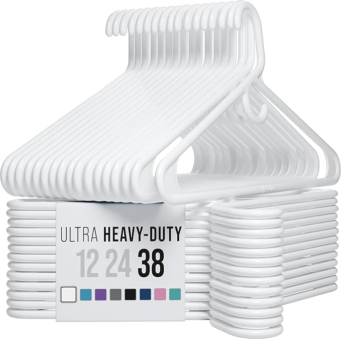 NEATERIZE Thick Heavy Duty Hangers - White Plastic Clothes Hangers 38 Pack - Great for Coat Hanger, Jackets Jeans & Suit Hanger for Closet - New Apartment Essentials Percheros Ganchos para Colgar Ropa