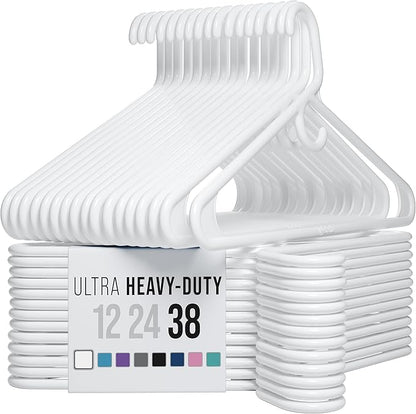 NEATERIZE Thick Heavy Duty Hangers - White Plastic Clothes Hangers 38 Pack - Great for Coat Hanger, Jackets Jeans & Suit Hanger for Closet - New Apartment Essentials Percheros Ganchos para Colgar Ropa