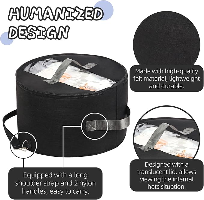 LITLANDSTAR Organizer for Women and Men, Round Storage Box Portable Felt Container Foldable Hat Holder With Dust Proof Lid, Rack for Closet or Travel (17" D x 10" H, Black)