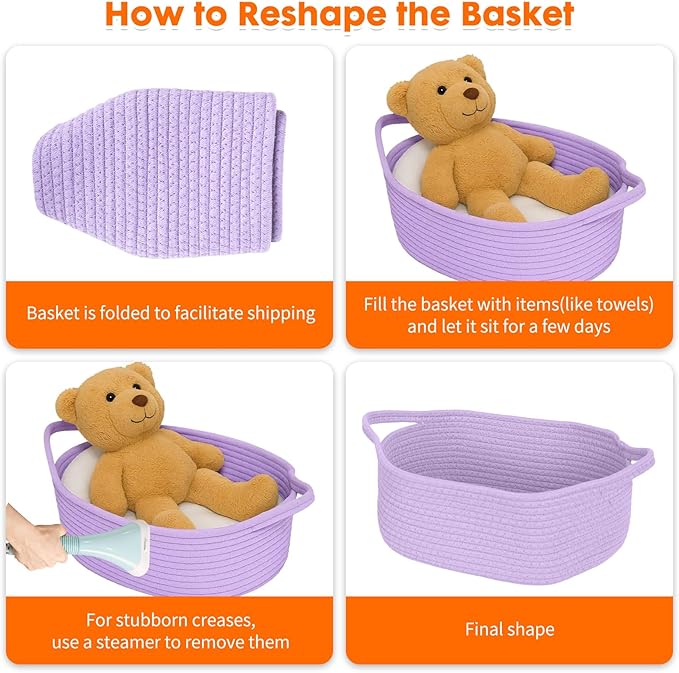 ShellKingdom Storage Basket with Handles, Empty Gift Basket for Christmas with Gift Bags and Ribbon, Small Woven Baskets for Home, Nursery Storage Organizer, 12 X 8 X 5 INCH, Lavender
