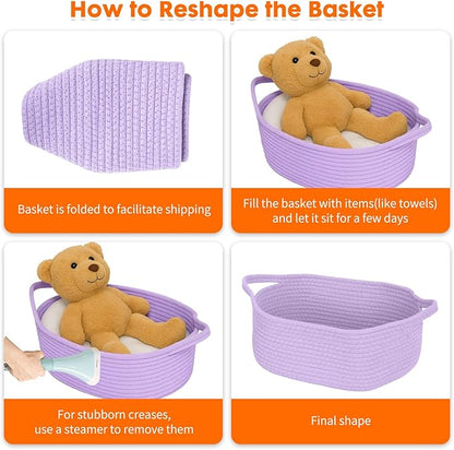 ShellKingdom Storage Basket with Handles, Empty Gift Basket for Christmas with Gift Bags and Ribbon, Small Woven Baskets for Home, Nursery Storage Organizer, 12 X 8 X 5 INCH, Lavender