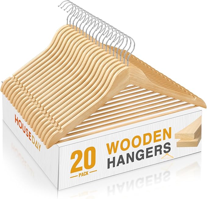 HOUSE DAY Slim Wooden Hangers 20 Pack, Solid Wood Hanger with Non Slip Shoulder Notches & Pant Bar, Smooth Finish Wood Clothes Hangers for Shirts, Suits, Jackets, Natural