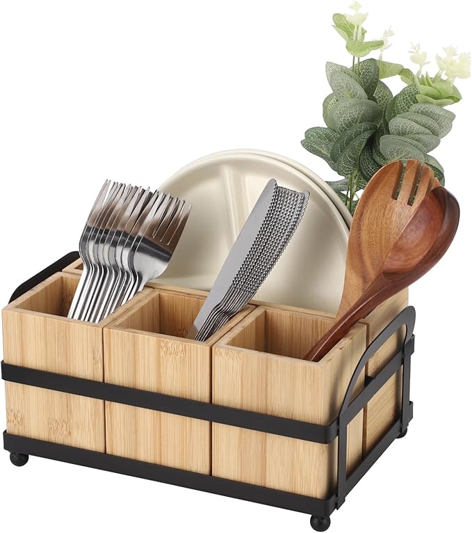 Silverware Caddy for Party, 4-Compartment Wood Utensil Holder with Metal Frame, Paper Plate Holder, Flatware Organizer for Forks, Spoons, Napkins, Countertop Table Buffet