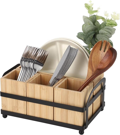 Silverware Caddy for Party, 4-Compartment Wood Utensil Holder with Metal Frame, Paper Plate Holder, Flatware Organizer for Forks, Spoons, Napkins, Countertop Table Buffet