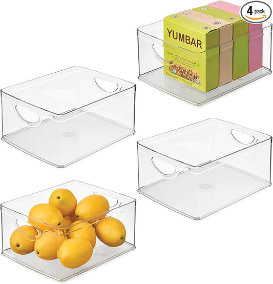iDesign Plastic Stackable Kitchen Cabinet Storage Bin with Handles - Clear Pantry Organizer, 4-Pack