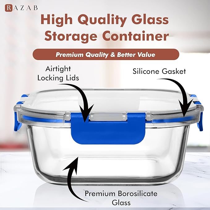 Razab 2 PC 1200ML / 41 Oz Glass Food Storage Containers with Lids - Airtight & Leakproof - Microwave/Oven/Freezer Safe - BPA Free - Ideal for Meal Prep, Storing Leftover & Lunch