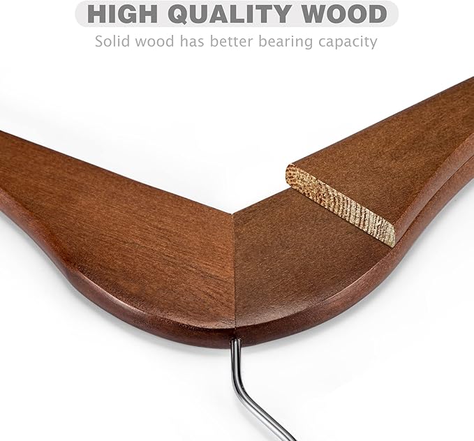 HOUSE DAY Wooden Hangers 10 Pack, Heavy Duty Wood Coat Hangers for Closet, Smooth Finish Wooden Suit Hanger with Non Slip Pants Bar, Sturdy Wood Clothes Hanger, Walnut
