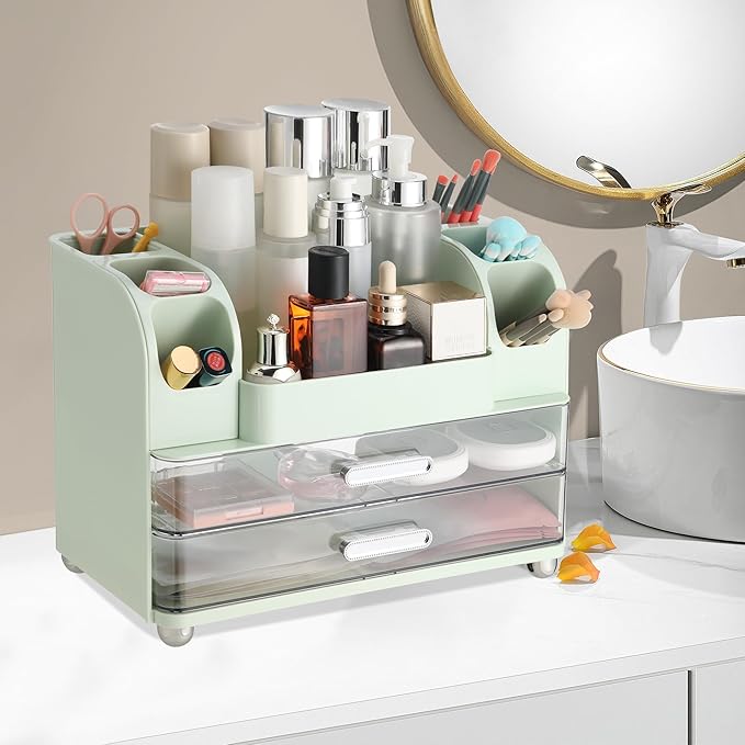 Large Makeup Organizer Countertop with Drawers, Make Up Organizer for Vanity, Makeup Storage Organizer Countertop Makeup Organizers for Skincare, Green