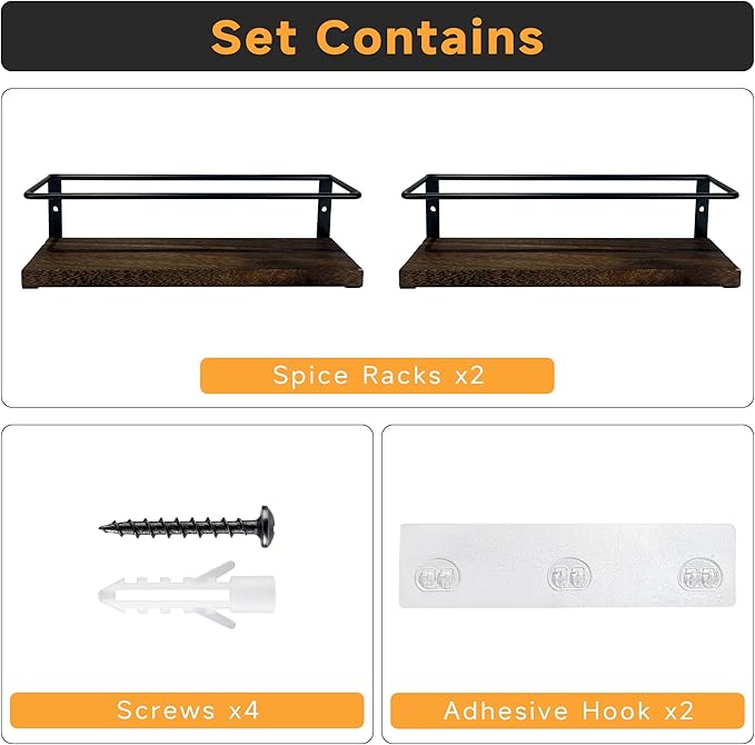2-Tier Wall Mount Spice Rack Organizer - Screw/Adhesive Mount, Black Metal & Wood Spice Storage for Kitchen Pantry Cabinet, 11.6”W x 2.4”D x 3.2”H,Spice Jars Not Included