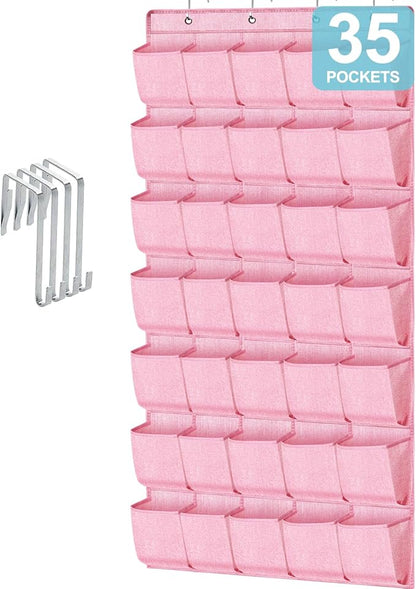 homyfort 35 Pockets Over the Door Shoe Organizer, Hanging Door Shoe Rack for Closet, Large Shoe Storage Holder Zapateras Organizer for Shoes (Pink)