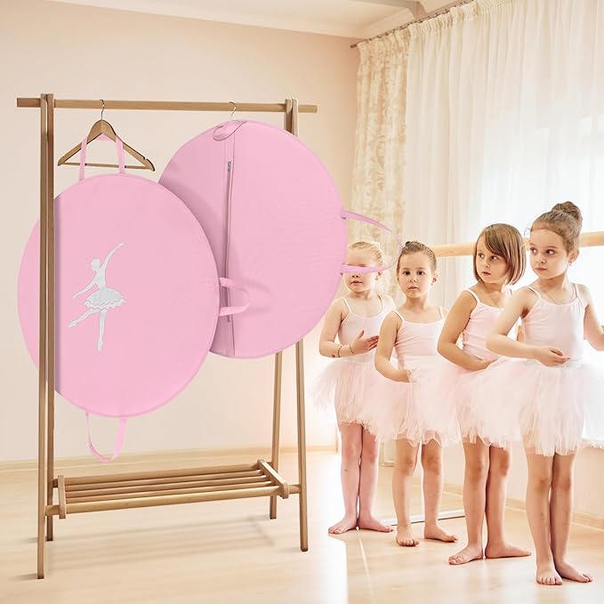 KEEGH Girls Tutu Garment Bag 35 Inch Ballet Tutu Bag, Foldable Dance Costume Garment Bag for Hanging Clothes, Pancake Dance Bag for Dancers with Handle Strap for Travel or Storage, Pink