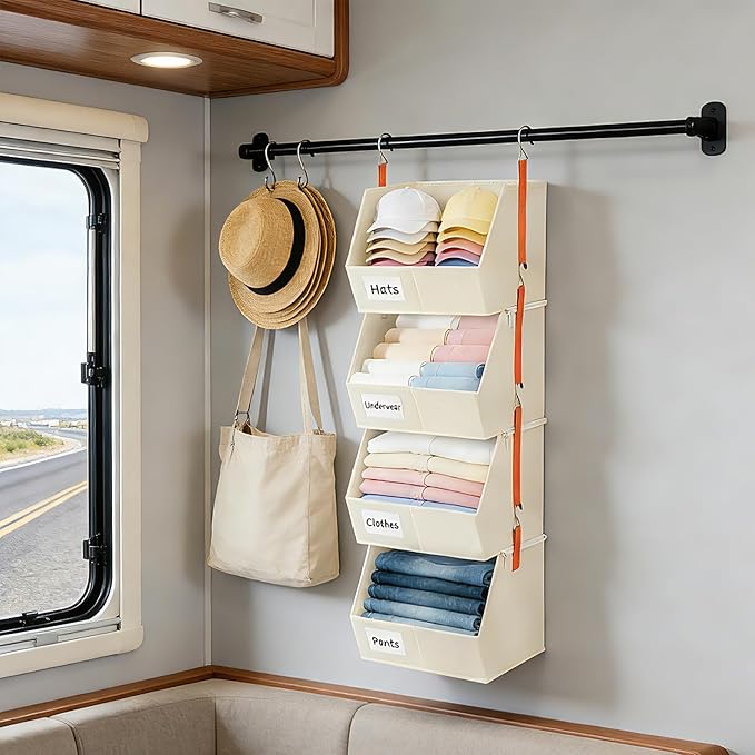 4 Pcs Modular Closet Organizer - Detachable & Foldable Hanging Storage Cubes, 88L Total Capacity, Heavy Duty Fabric Shelves for Wardrobe, Closet Organization, RV, Dorm, Beige