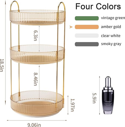 YCIA&DONE 360 Rotating Makeup Organizer and Storage for Vanity Countertop 3 Tiers, High Capacity Cosmetic Skincare Perfume Organizers for Dresser Bathroom Lazy Susan (Amber Gold)