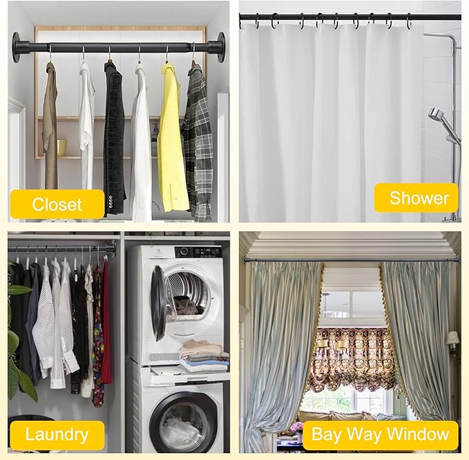 Closet Rod, 30 to 49 inch Adjustable Closet Rods for Hanging Clothes, Heavy Duty Closet Hanging Rod, Black Closet Hanger Poles, Metal Closet Hanging Bar for Wardrobes Laundry, Drilling Installation