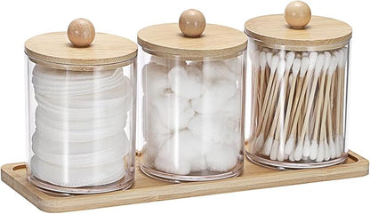 Qtip Holder with Vanity Tray Clear Cotton Ball Holder Cotton Swab Dispenser Bathroom Storage Canister with Lid Qtip Dispenser for Bathroom Office,3 Pcs