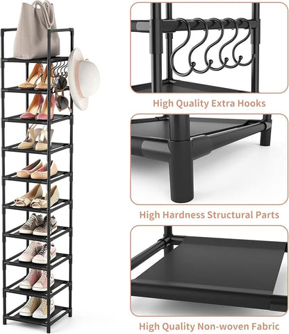 LANTEFUL Tall Narrow Shoe Rack for Entryway, 10-Tier Sturdy Metal Shoe Shelf Storage 10-15 Pairs of Shoes and Boots, Space Saving Corner Shoe Rack Organizer for Closet,Doorway,Garage,Living Room