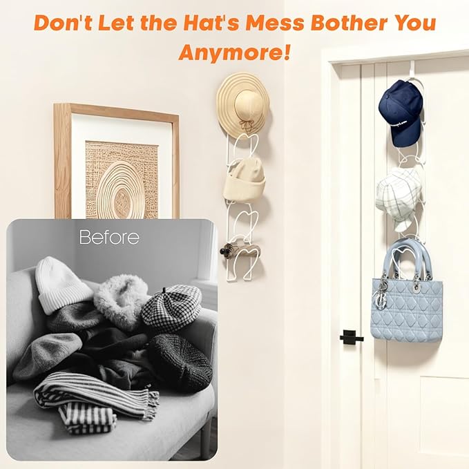 LINFIDITE 10 Pack Hat Rack Hanging Baseball Caps Display Storage Rack Hat Organizer Wigs Rack Over Door Wall Mounted Scarves Handbags Storage Holder for Door, Wall, Closet, Bathroom,White