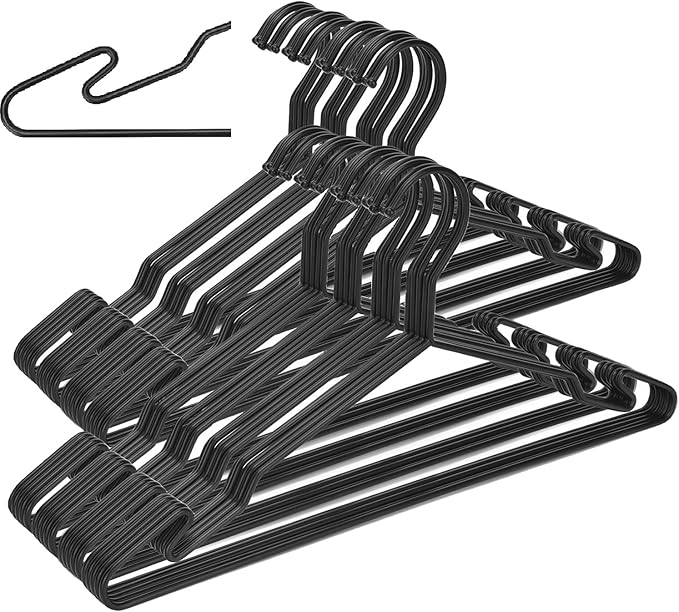 Heavy Duty Metal Hangers with Unique Hook Design Durable & Sturdy Coat Hangers 4mm Thick Withstands 25lbs Weight Smooth Powder Coated Finish Compact Shirt Hangers - 40 Pack Black