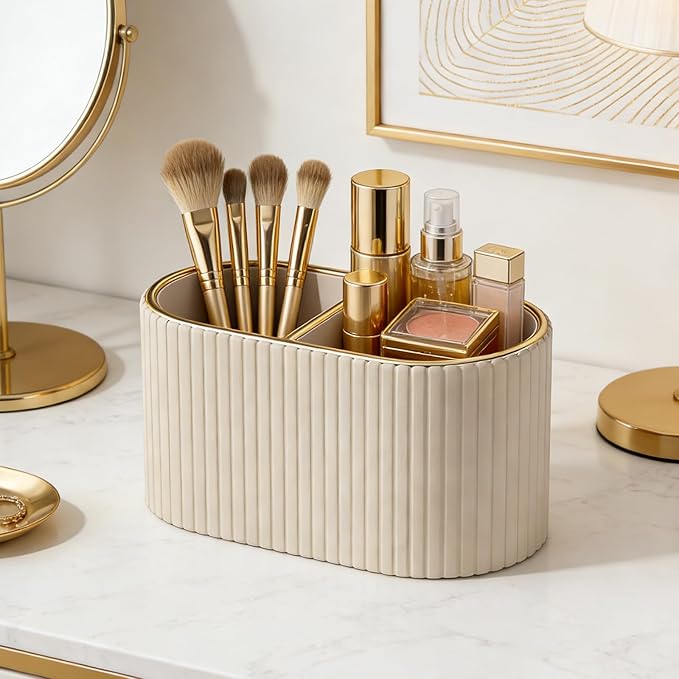 KINGFOM Makeup Brush Holder Organizer with Divider, PU Leather Vanity Brush Holder for Bathroom Countertop & Dressing Table, Cosmetic Desktop Storage Caddy for Makeup Tools Oval, Gift for Women Beige