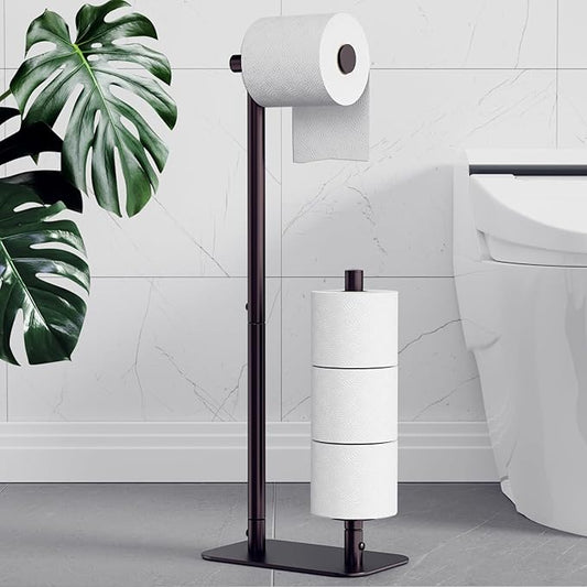 Kitsure Toilet Paper Holder Free Standing - Large Capacity Toilet Paper Holder for 4 Rolls, Rustproof Toilet Paper Stand with Non-Slip Stable Base, Brown, Medium