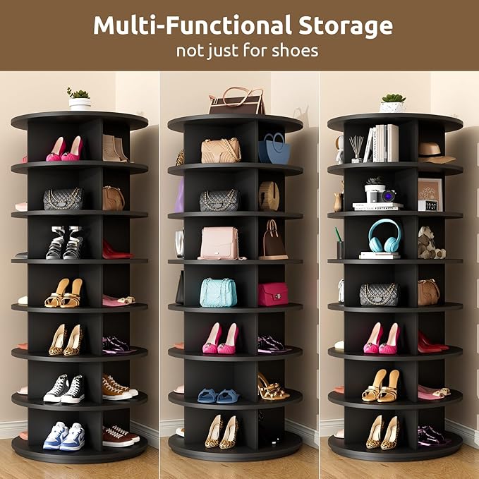 Rotating Shoe Rack 7 Tier Spinning Shoes Organizer Tower for 28-32 Pairs Lazy Susan 360 Revolving Shoe Storage Cabinet Rotate Shoe Handbag Rack Round Carousel for Closet, Bedroom (Black)