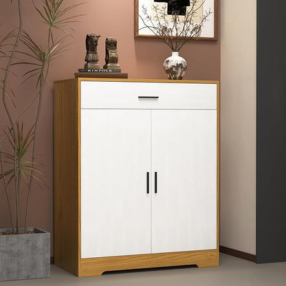 Shoe Cabinet with Drawer, Modern Shoe Storage Cabinet with Doors, 4 Tiers Narrow Shoe Organizer for Entryway, Foyer, Hallway, Natural & White