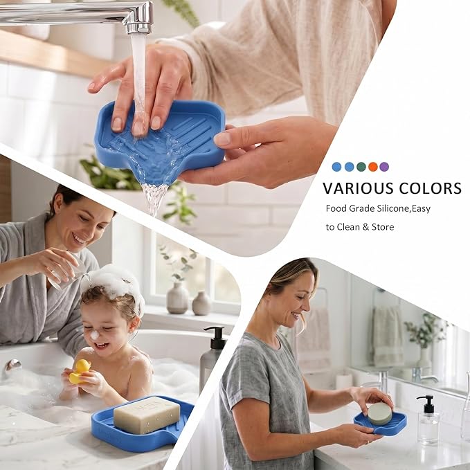 MicoYang Silicone Bathroom Soap Dishes with Drain Spout-Bathroom and Kitchen Sink Organizer,Sponge Holder,Dish Soap Tray,Perfect for Dispenser,Scrubber,Bottle,Cup on Counter Lichen Blue 4.9"×3.2"