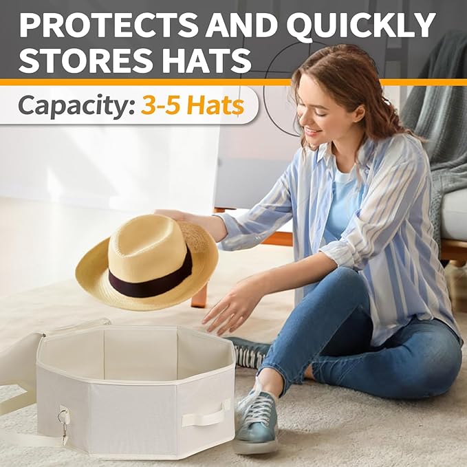 clino Portable Travel Storage Hat Box, Cowboy Cap Organizer with Handle, Wardrobe Wide-Brimmed Women's Hat Organizer, Multi-Functional Cap Protection Box (White)
