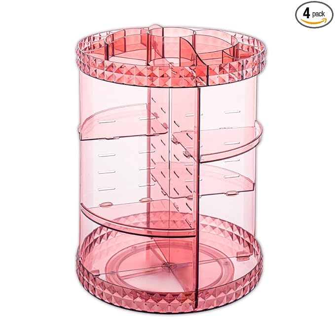 V-HANVER 360 Rotating Makeup Organizer Perfume Organizer Pink Cosmetic Storage Display Case Large Capacity Acrylic Beauty Holder Adjustable Partition Height for Bedroom Dresser or Bathroom Vanity