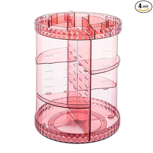 V-HANVER 360 Rotating Makeup Organizer Perfume Organizer Pink Cosmetic Storage Display Case Large Capacity Acrylic Beauty Holder Adjustable Partition Height for Bedroom Dresser or Bathroom Vanity