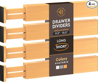 4-Pack Bamboo Drawer Dividers - 2.6 Inches High, Adjustable 12 to 17 Inches Expandable Drawer Organizer Dresser Separator for Clothes, Utensils, Bedroom, Bathroom, Kitchen, Office Storage Organization