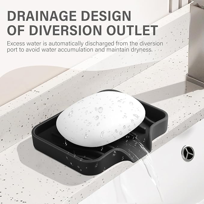 Silicone Soap Dish with Drain, SAISN Kitchen Soap Tray for Shower 2 Pack Self Draining Soap Dish Soft Bathroom Soap Holder for Kitchen Sink Flexible Portable Soap Saver, Black