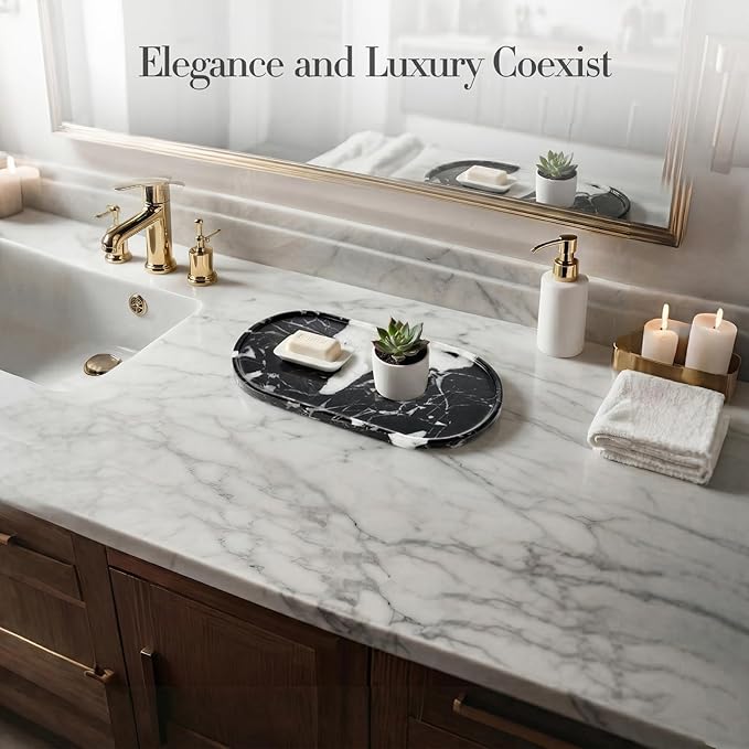 Natural Marble Tray Bathroom Tray, Luxury Decorative Trays for Bathroom, Vanity, Dresser, Kitchen & Home Decor, Valentine's Day House Warming Gifts New Home (Black)