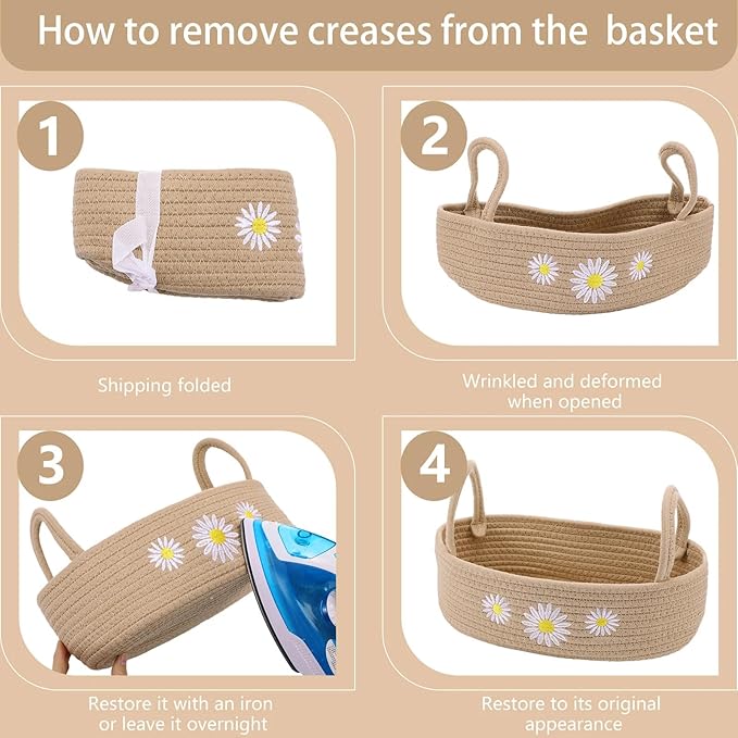 Vesici Daisy Toilet Paper Basket Boho Woven Cotton Rope Bathroom Countertop Organizer with Handle Beige Bathroom Storage Decor for Toilet Closet Bedroom Nursery Toys Organizing, 13 x 6 x 4 Inch