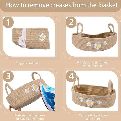 Vesici Daisy Toilet Paper Basket Boho Woven Cotton Rope Bathroom Countertop Organizer with Handle Beige Bathroom Storage Decor for Toilet Closet Bedroom Nursery Toys Organizing, 13 x 6 x 4 Inch