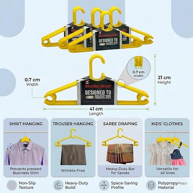 Sturdy Polypropylene Hanger, Pack of 12,Yellow l Cloth Hanger l Dress Hangers l Hanger for Clothes Hanging
