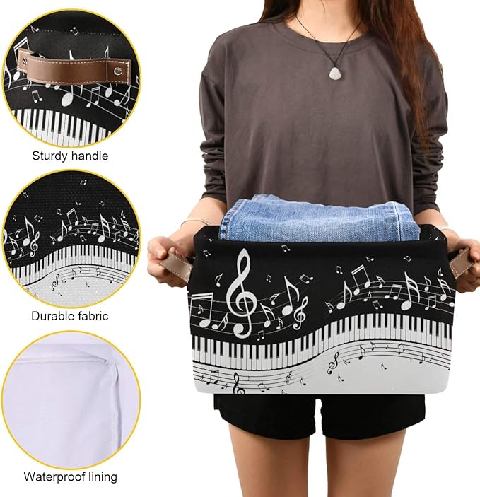 Foldable Storage Baskets Set of 2, Piano Keys Musical Notes Storage Bins with Handles, Decorative Cloth Organizer Storage Boxes for Home|Office 15 x 11 x 9.5 in