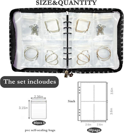 Jewelry Organizer Travel,Jewelry Storage Book with 80 Small PVC pouches,Portable Jewelry Organizer Zipper Bags for Necklaces Bracelet Rings and Earrings (front cover removable),Black